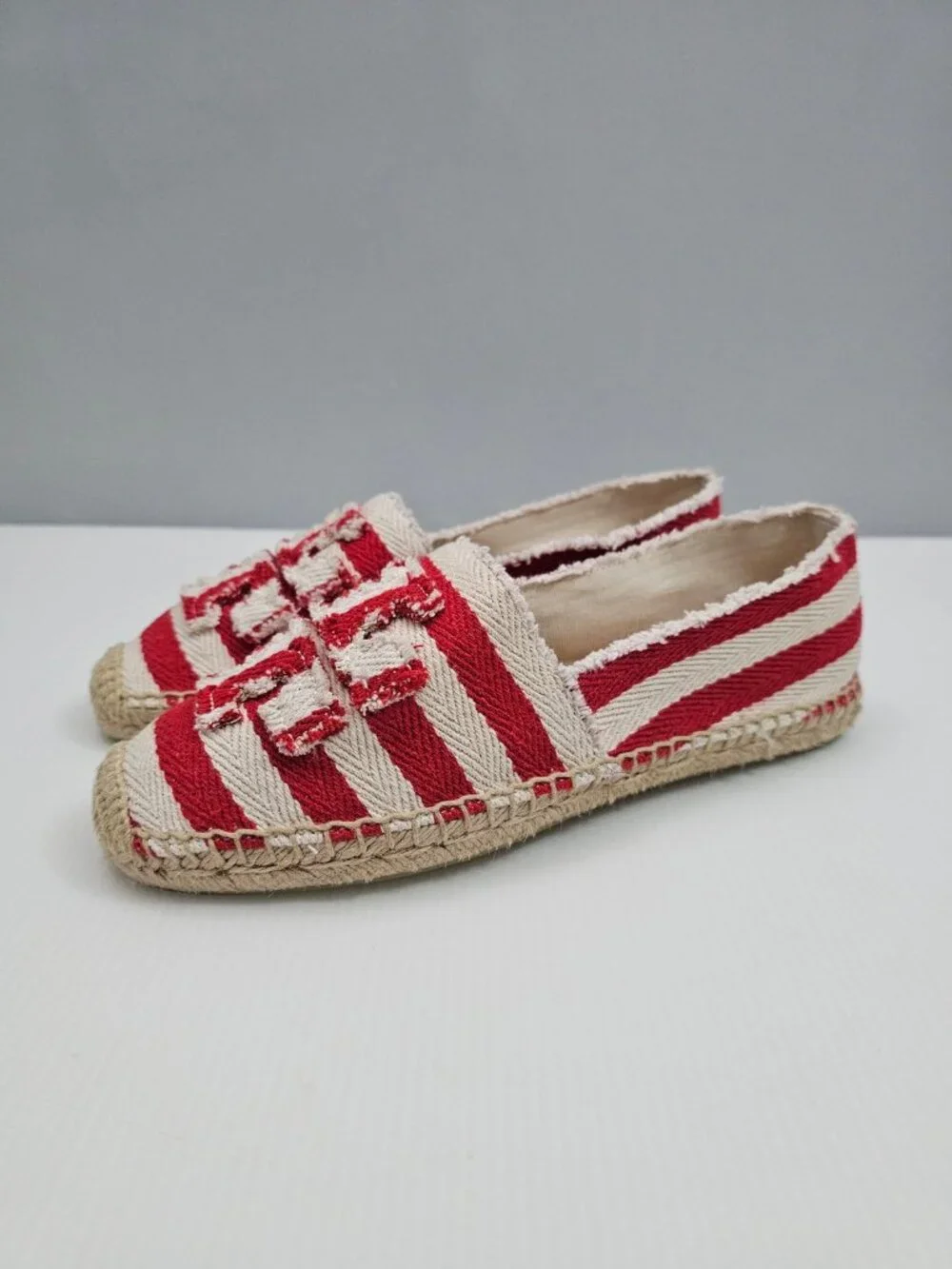 Tory Burch Fray Stripe Espadrille Flats Womens 7.5 Red White Logo Canvas Slip On